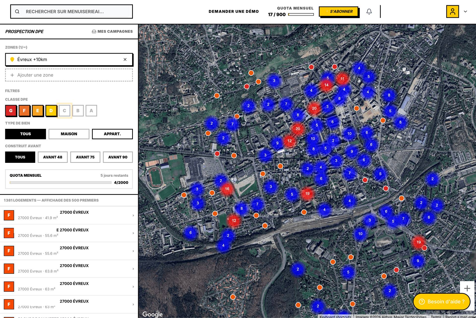 Tableau de bord Prospection DPE — carte d'Évreux avec clusters de logements F et G